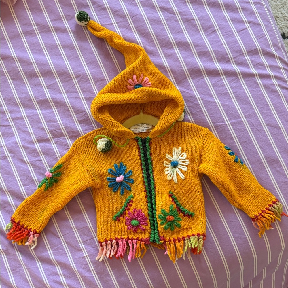 Handmade-Look Mustard Yellow Hooded Baby Sweater with Floral Embroidery
